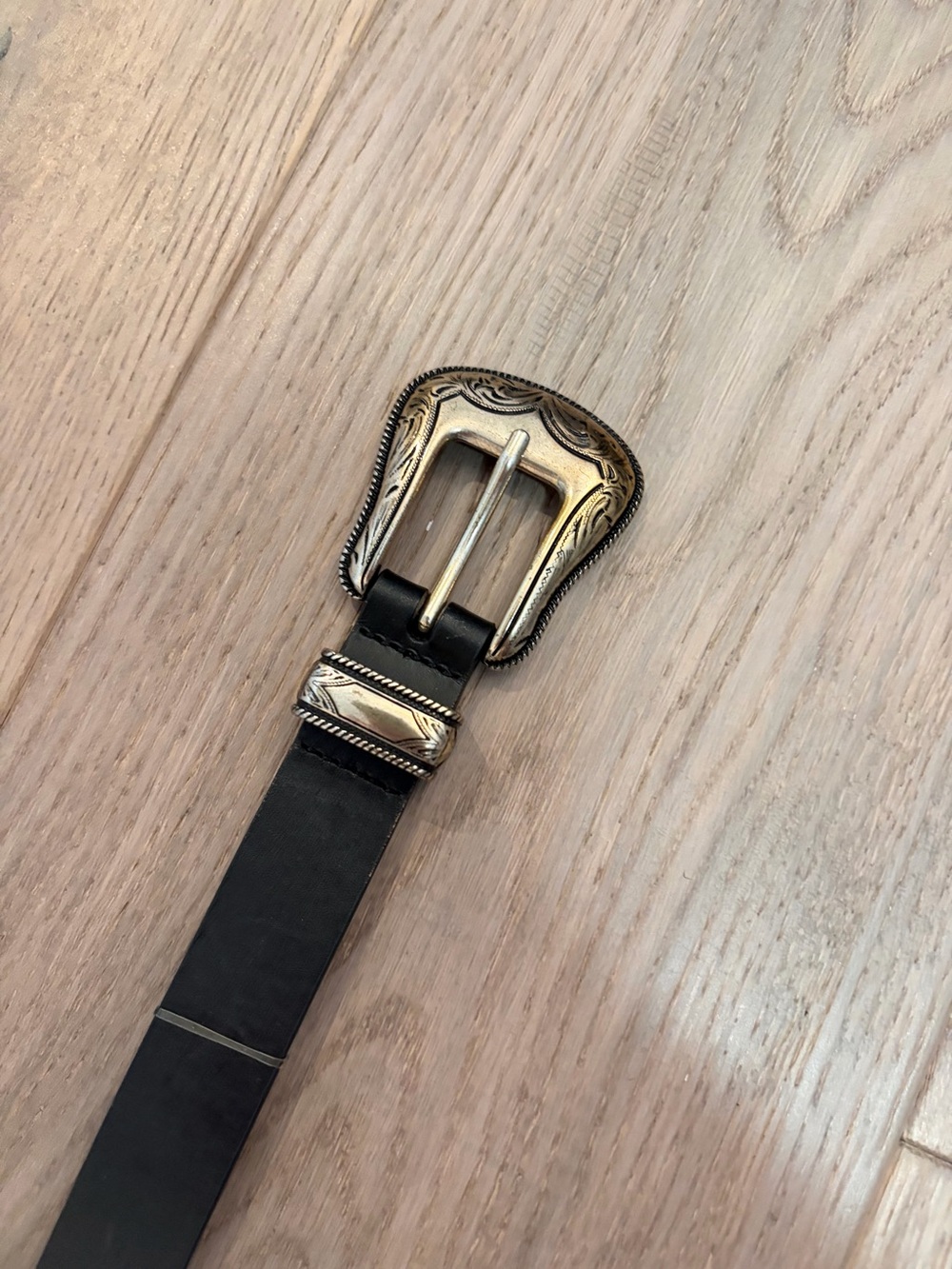Black Leather Women's Belt with Decorative Silver-Tone Buckle